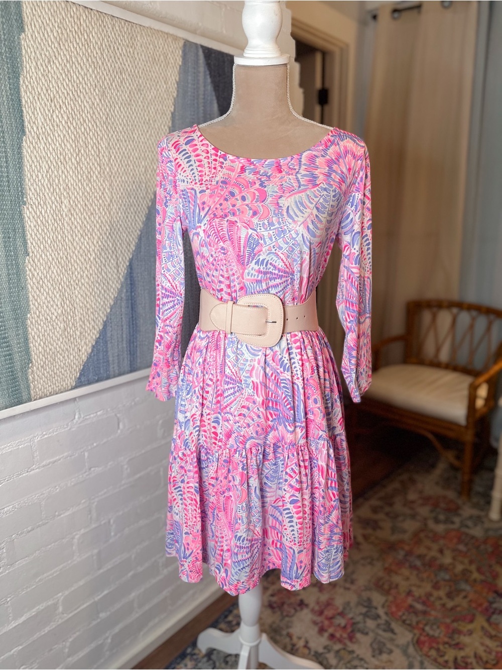 Lilly Pulitzer Pink Green and Blue ¾ Sleeve Tiered Dress